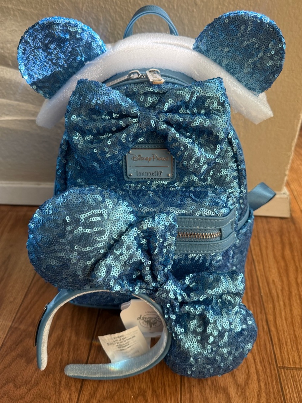 Disney Parks Loungefly Minnie Mouse Blue Sequin Mini Backpack & Ears